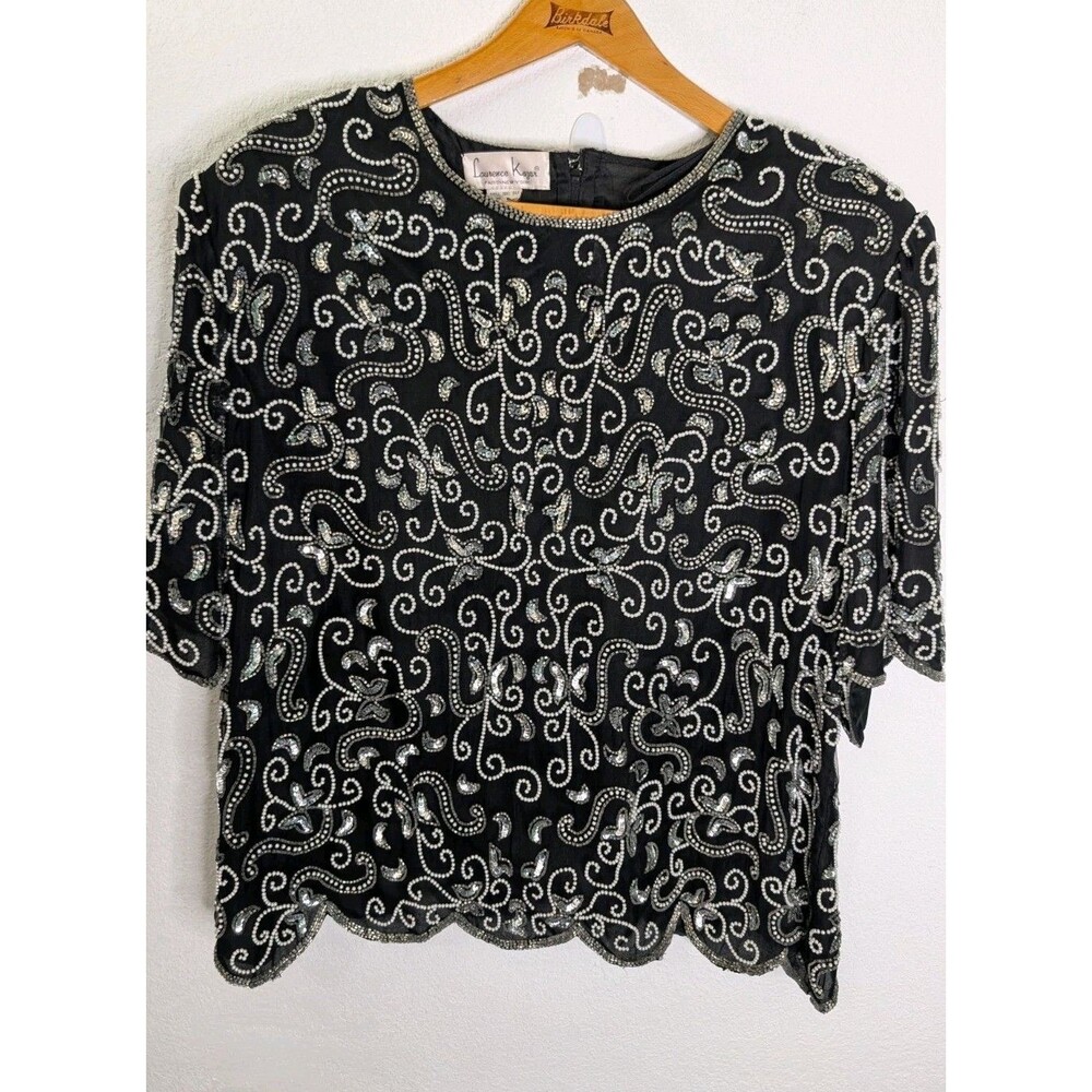 LAURENCE KAZAR Vintage 80s Heavy Pearl Floral Beaded Black Silk Top Size 3X (137